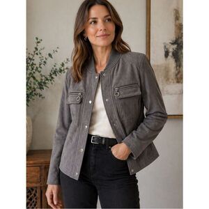 Patrizia Luca Milano Faux Suede Utility Jacket Snap Zip Pockets Neutral Sz